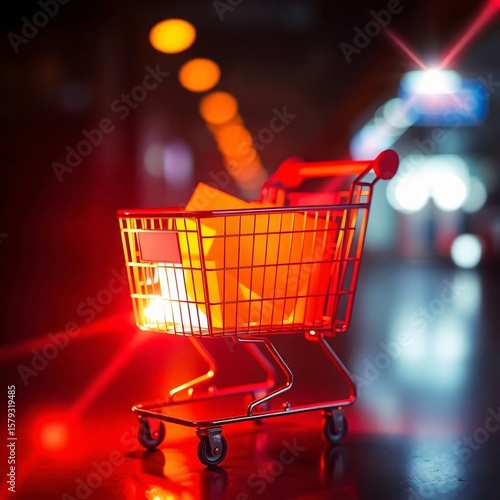 A warm shopping cart glowing with reds, oranges, and yellows, accentuated by bright lens flare and light streaks in a vibrant color palette.