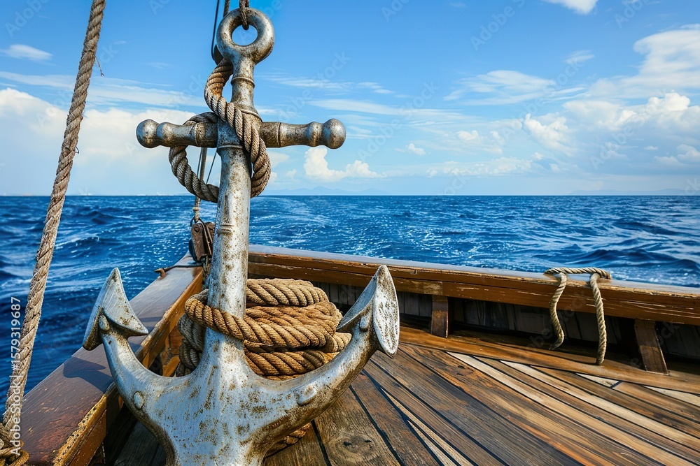Naklejka premium Close-up of a classic iron anchor wrapped with a thick coiled rope, resting on a wet wooden deck of a sailing ship. The background reveals a calm ocean and a blue sky filled with puffy white clouds. T