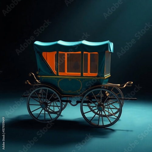 Luxurious image a cart rendered in rich, deep teal, illuminated by gentle, soft light with diffused shadows