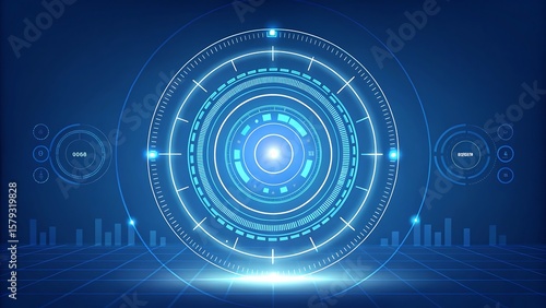 Wallpaper Mural Futuristic blue digital interface with glowing concentric circles and data visualizations on a grid background Torontodigital.ca