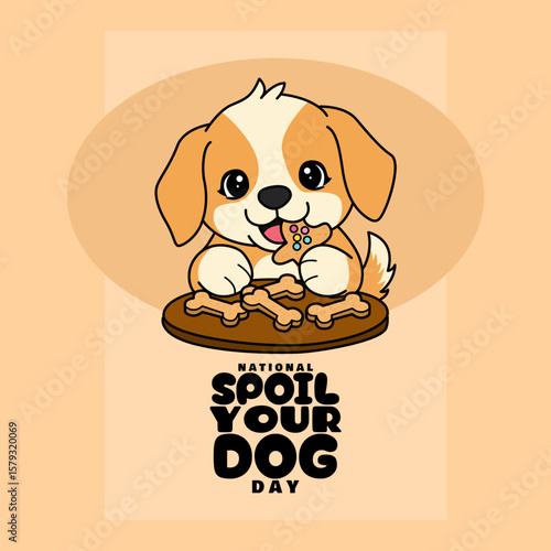 National Spoil Your Dog Day to celebrate on August 10th. Illustration of a cute dog snacking on a bone-shaped dog food biscuit on a beige background. Animal event banner.
