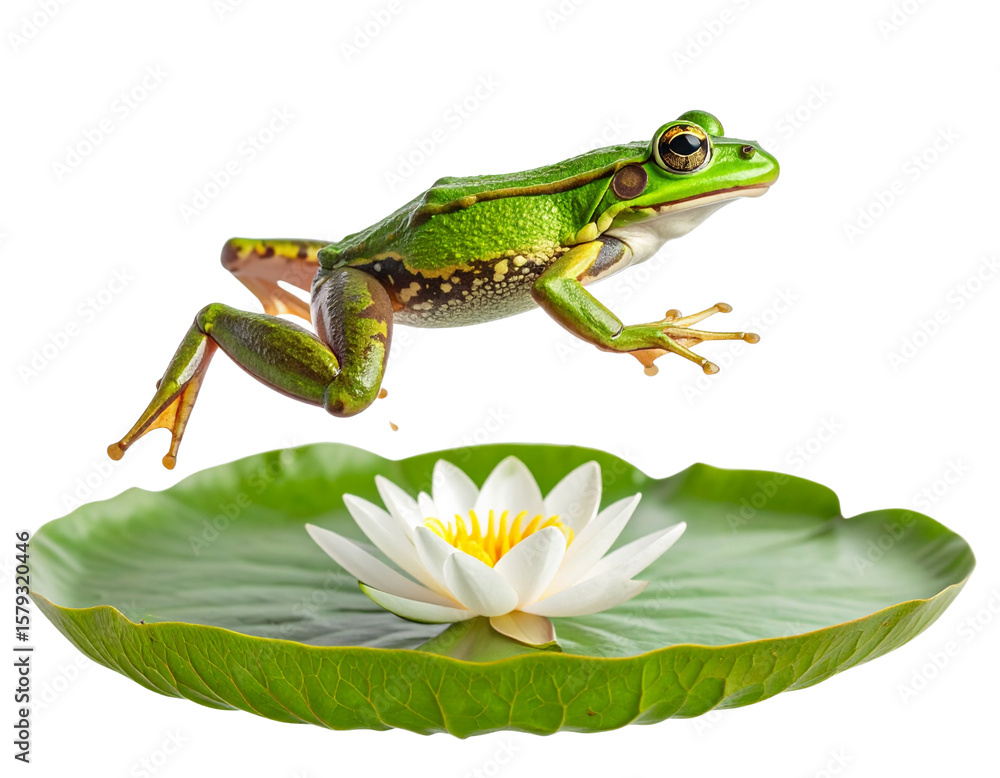 Fototapeta premium Green Frog Mid-Air Leap Above Lily Pad – Side View PNG Cutout
