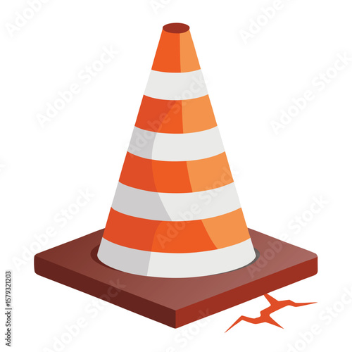 A traffic cone with a cracked base, symbolizing damage, wear, or an accident on the road.