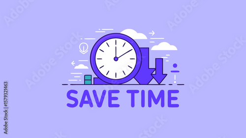 Illustrative concept of efficient time management and saving time, clock icon symbol, minimal design