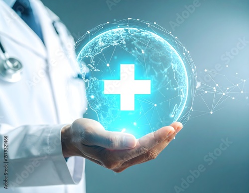 Conceptual image of a doctor cupped around a glowing, 3D digital hospital symbol. This image powerfully visualizes global medical collaboration and a world united by shared health data.