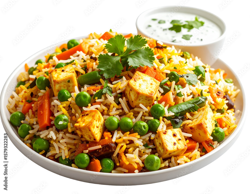 Close-Up of Veg Biryani with Mixed Vegetables and Raita – Indian Cuisine PNG Close-Up of Veg Biryani with Mixed Vegetables and Raita – Indian Cuisine PNG