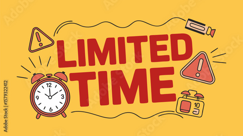 Promotional Alarm Graphic with Limited Time Offer and Alert Symbols Against Yellow Background