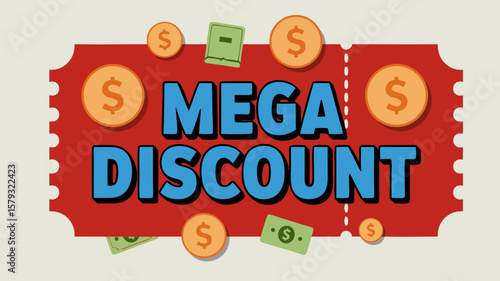Eye-Catching Mega Discount Voucher with Coins and Money, Great Sale Promotion Template