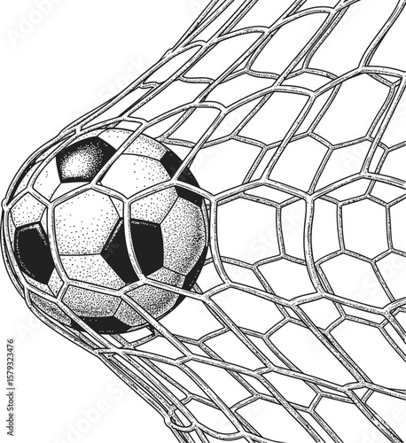 Engraved Soccer Ball in Goal Net - Scratchboard Sketch Vector