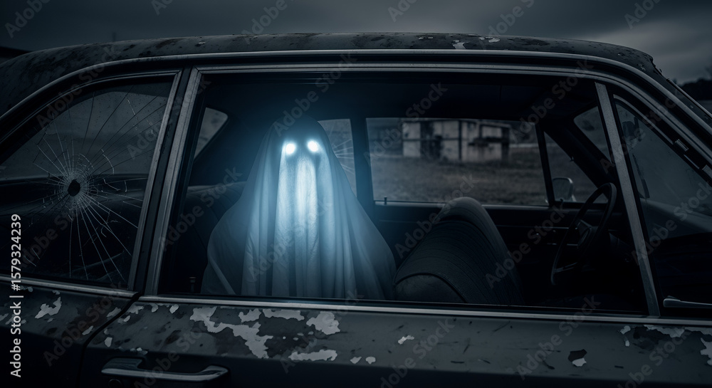 Fototapeta premium Ghost with glowing eyes sitting in an abandoned car surrounded by a haunting landscape