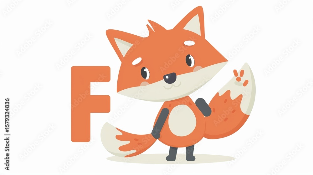 Obraz premium A cartoon fox holding the letter 'F' with paw, flat vector-style illustration, white background, bold outlines, bright but limited color palette, educational and interactive