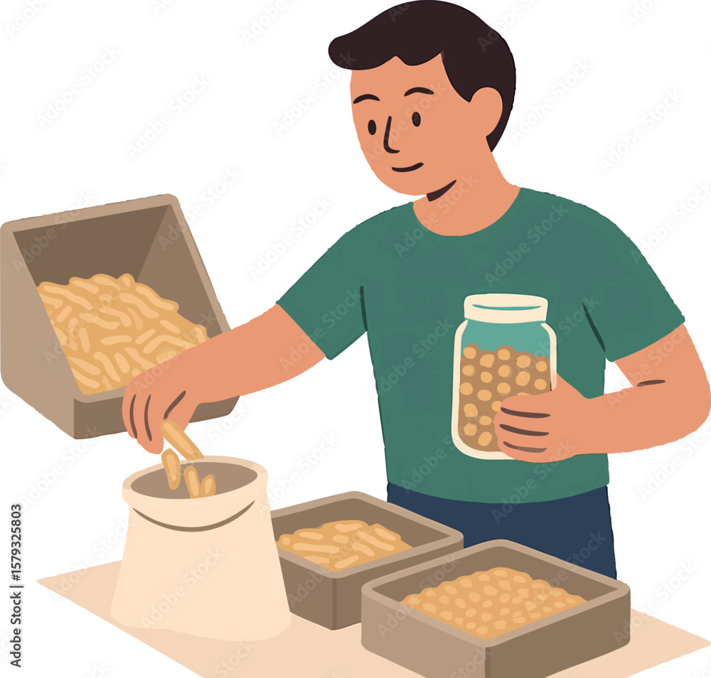 Flat vector person buying dry goods in bulk using cloth bag and jar, zero waste shopping, isolated on white Flat vector person buying dry goods in bulk using cloth bag and jar, zero waste shopping, isolated on white