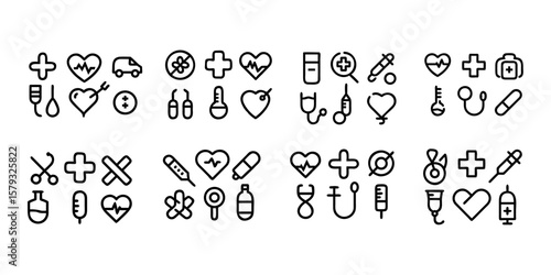 Icons for a medical medical attendant Vector pictograms of stethoscope, thermometer, syringe, pill, medicine, emergency, cross, heart, blood test, ambulance, bed, telehealth