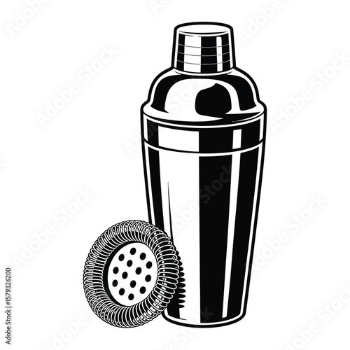 Classic cocktail shaker and strainer in black and white vector illustration