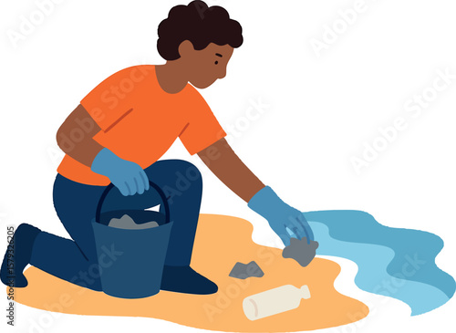 Flat vector person picking trash on beach with gloves and bucket, community action, isolated on white