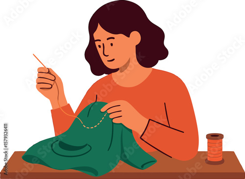 Flat vector person sewing their clothes at home, repairing instead of buying new, isolated on white