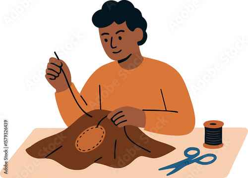 Flat vector person sewing their clothes at home, repairing instead of buying new, isolated on white