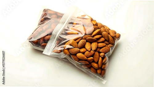 Almonds and dates packed in clear plastic zip bags on white background

