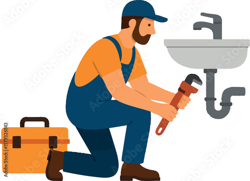 Flat vector plumber fixing sink with toolbox nearby, water repair worker, isolated on white