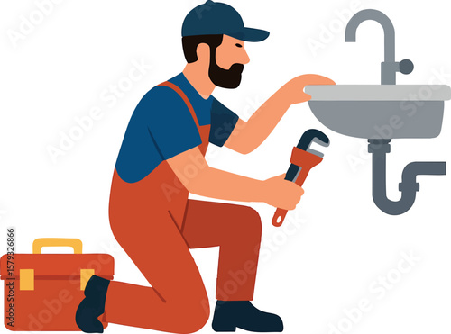 Flat vector plumber fixing sink with toolbox nearby, water repair worker, isolated on white