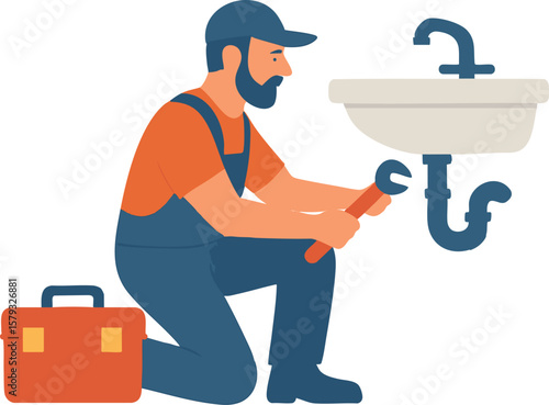 Flat vector plumber fixing sink with toolbox nearby, water repair worker, isolated on white
