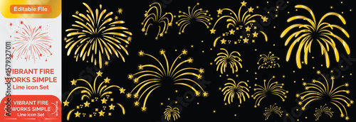 Set of golden fireworks icon. Festive fireworks with stars and sparks isolated on white background. Vibrant fireworks simple line icons