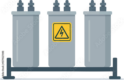 Flat vector power capacitor bank with mounting frame and safety label, isolated on white