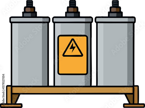 Flat vector power capacitor bank with mounting frame and safety label, isolated on white
