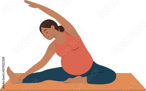 Flat vector pregnant woman doing gentle prenatal stretches on mat, isolated on white