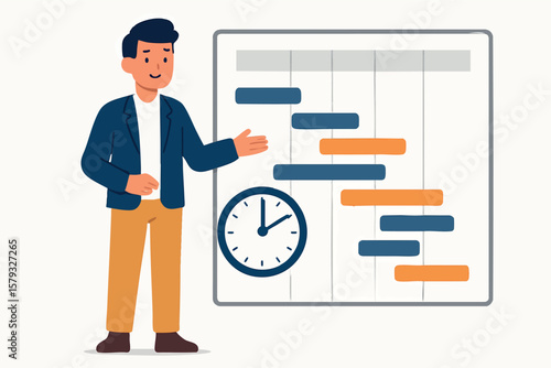 Flat vector project manager standing beside Gantt chart with task bars, time management, isolated on white