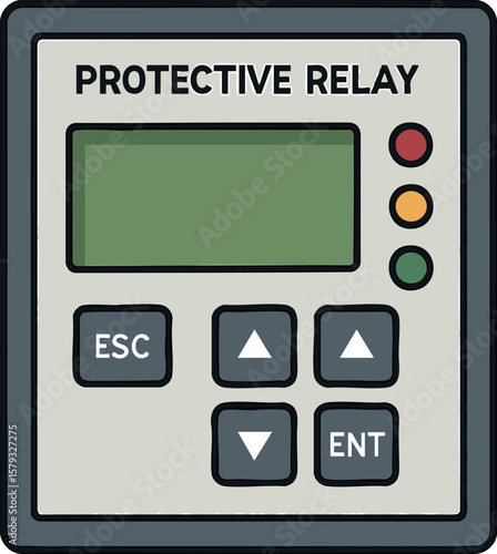 Flat vector protective relay with front face, display, and LED indicators, isolated on white