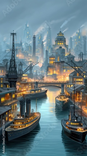 Wallpaper Mural Dieselpunk harbor with massive cargo ships and industrial elements Torontodigital.ca