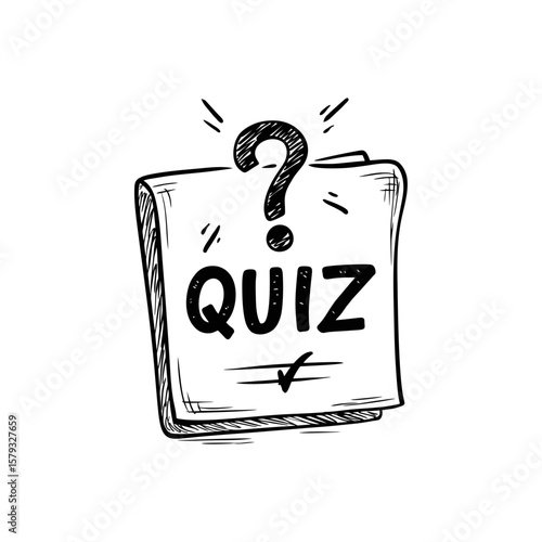 Hand drawn quiz test icon with question mark and paper sheet in black outline style for school education, game show, or trivia app design on transparent background
