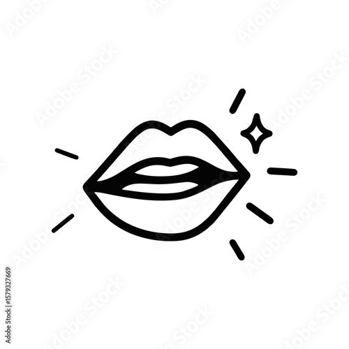 Black doodle lips with sparkle and voice mark icon in line style for communication, podcast, speech therapy, or beauty branding on transparent background