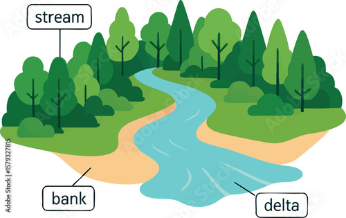 Flat vector river flowing through forest with labeled parts: stream, bank, delta, flat style, isolated on white