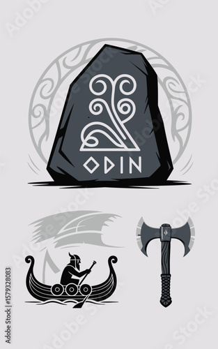 Norse symbols stone axe and longboat viking vector