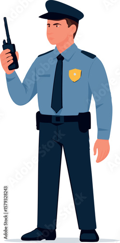 Flat vector security guard with walkie-talkie and uniform badge, standing alert, isolated on white