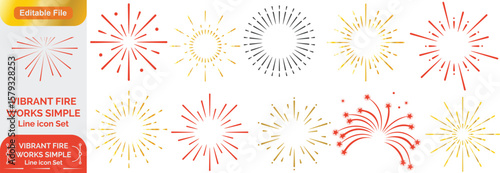 Set of golden fireworks icon. Festive fireworks with stars and sparks isolated on white background. Vibrant fireworks simple line icons