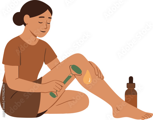 Flat vector self-massage on legs using jade roller and oil, calm home care, isolated on white