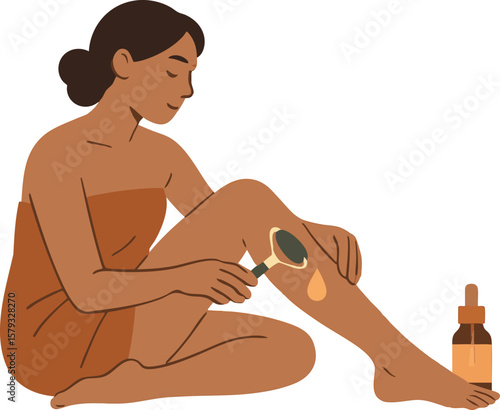 Flat vector self-massage on legs using jade roller and oil, calm home care, isolated on white