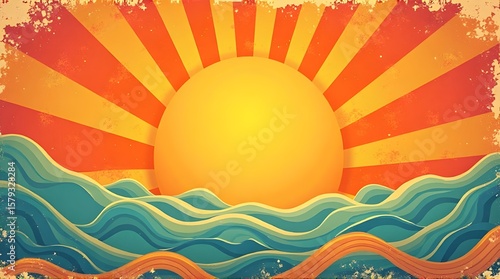 Retro summer sun background.Modern illustration.Vector groovy sunshine wavy rays in vintage grunge design. 70s radial poster.

