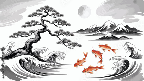 Majestic pine tree with koi fish and waves under moon and mountains carp ocean waves