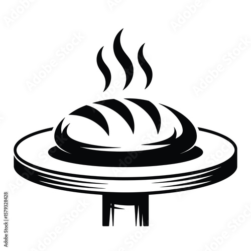 Stylized black and white illustration of a freshly baked loaf of bread with steam rising