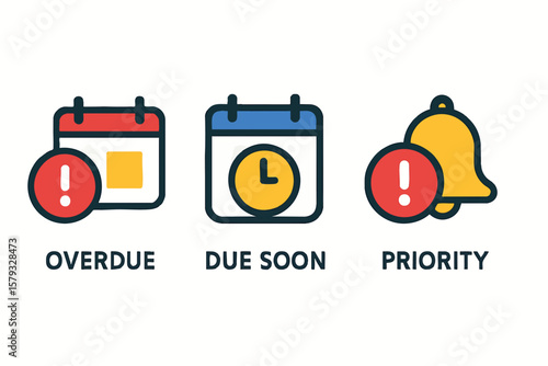 Flat vector smart notification icons for overdue, due soon, and priority items, task alert system, isolated on white