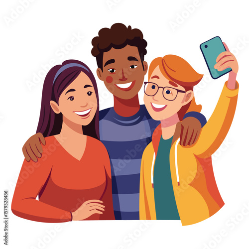 Three friends taking a lively group selfie using a phone, capturing fun memories together.