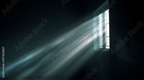 Sunbeams stream through window in a dark room creating light and shadow