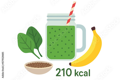 Flat vector smoothie with greens, banana, chia seeds and calorie count, isolated on white
