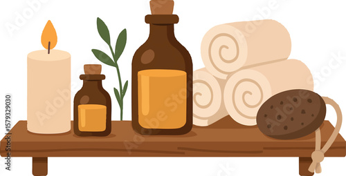 Flat vector spa shelf with candles, natural oils, towels and pumice stone, self-care elements, isolated on white