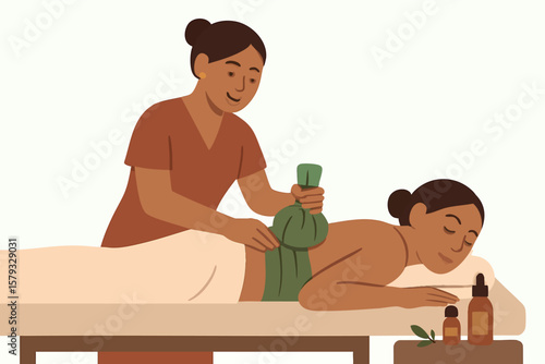 Flat vector spa therapist performing body wrap with herbal cloth and essential oils, isolated on white