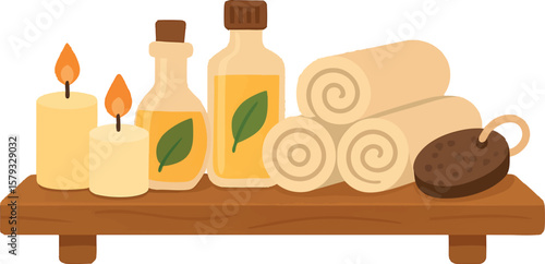 Flat vector spa shelf with candles, natural oils, towels and pumice stone, self-care elements, isolated on white